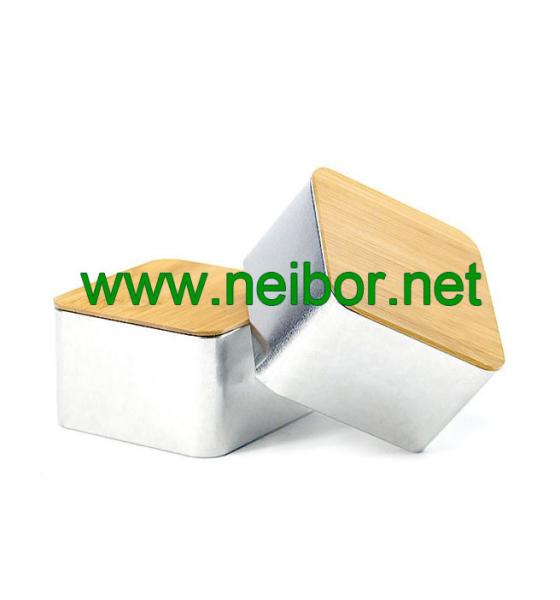 Cheap kitchen use square storage tin container with bamboo lid for sale