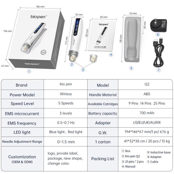 Bio Pen Q2 Derma Pen 3-in-1 Microneedling Pen with LED Light Therapy & Microcurrent for Anti-Aging skin Care