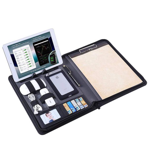 Cheap Zippered Business Portfolio PU Leather Made With Removable Notepad Clipboard for sale