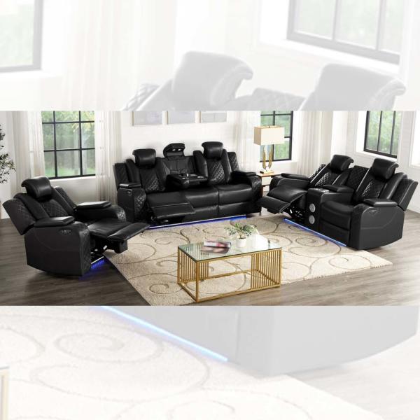 Cheap Power Recliner Sofa set with Power Recliner Seats and Power Headrests and Dropdown Table and Bluetooth Audio Speaker and Storage Box and Storage Arms and LED Light, Black Breathable Leatherette for sale