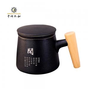 China Ceramic Wood Handle Frosted Retro Tea Cup With Separator on sale