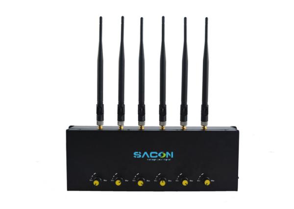 Cheap 6 Antennas Desktop Mobile Phone Signal Jammer DC12V Up To 40 Meters for sale