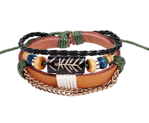 Cheap Fishbone charm “primitive tribe” multi strands leather bracelets for sale