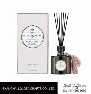 Black round bottle glass reed diffuser with tassel and white rigid gift box