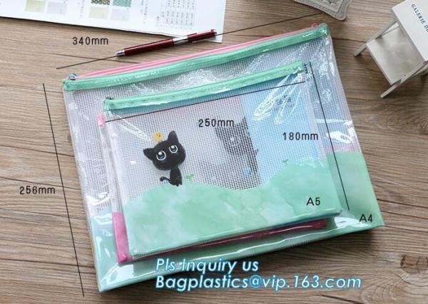 Cheap pp file folder plastic pockets document bag, A4 mesh folder zipper pocket document bag, Document Bag with Zipper Storage for sale