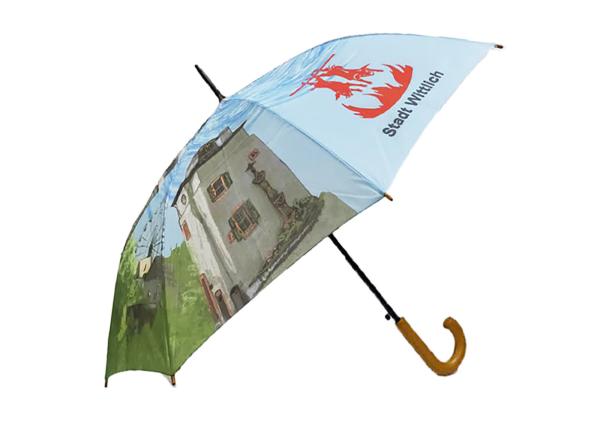 Cheap Customized Printed Auto Open Stick Umbrella Curved Handle Unique Canopy for sale