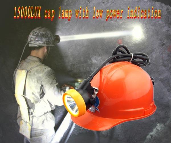Cheap 15000lux led corded rechargeable mining cap lamp with low power indication for sale