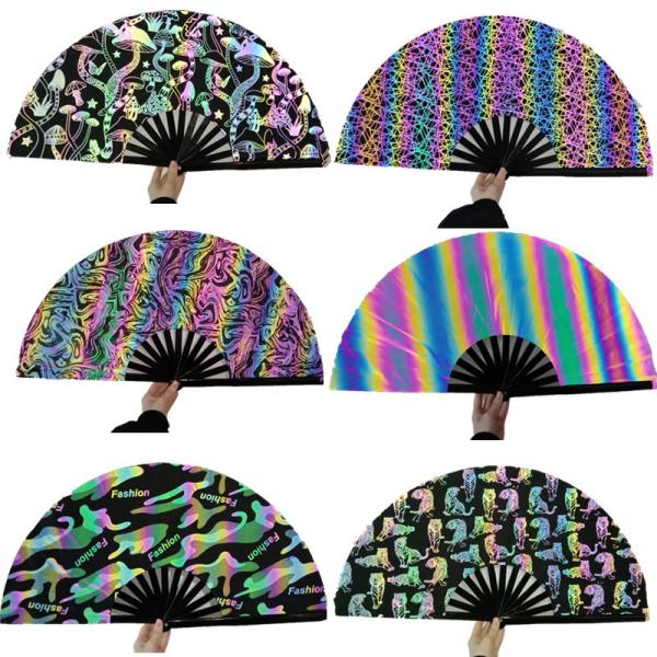Cheap Reflective Iridescent Mushroom Bamboo Fabric Customized Hand Fan Foldable 33cm for sale