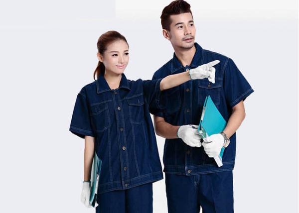 Cheap Denim Fabric Durable Industrial Uniform Shirts Unique Design With Buttons And Pockets for sale