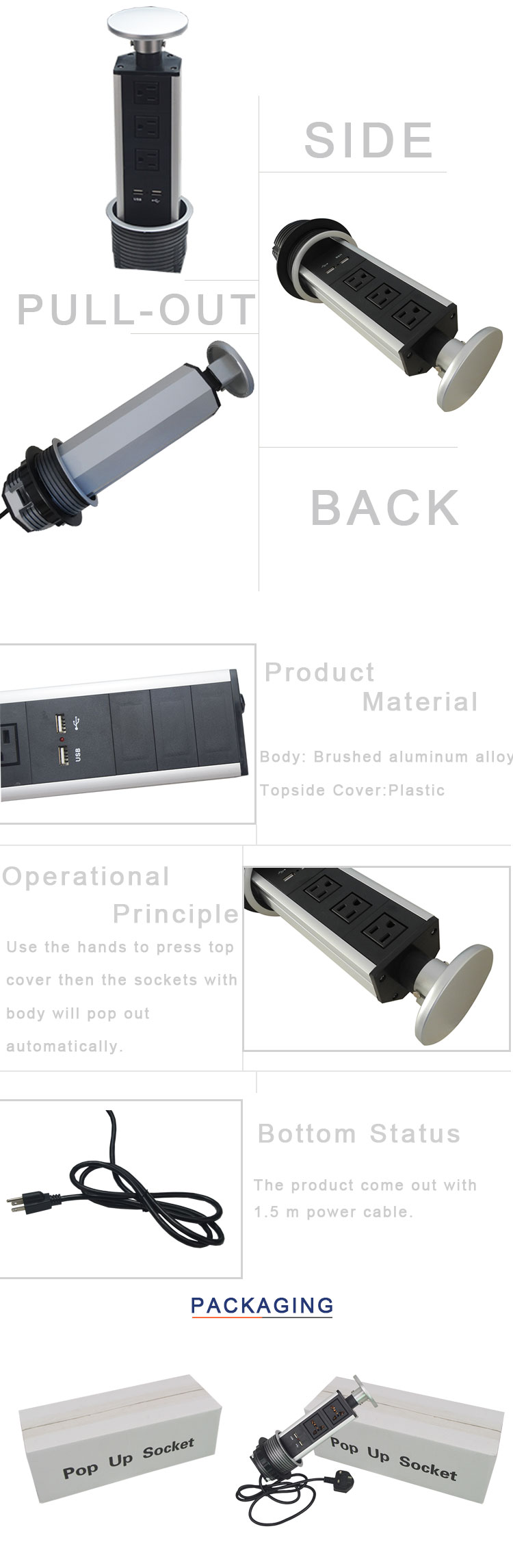 Pneumatic pop up power data hidden desktop socket for kitchen