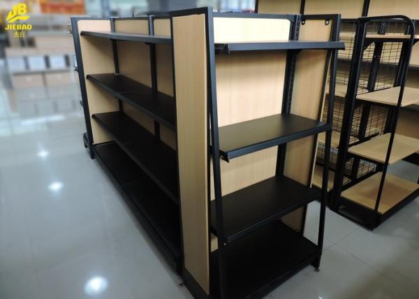 Cheap 1.4M High Reliable Metal And Wood Display Shelves Trapezoidal Side Frame MDF Backing for sale