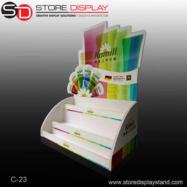 Cheap PVC foamboard colorful counter display in three layers for sale