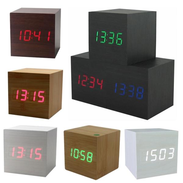 Cheap Hot USB/AAA Powered Cube LED Digital Alarm Clock Square Modern Sound Control Wood Clock Display Temperature Night Light for sale