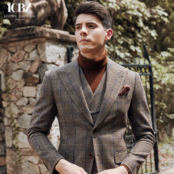 Cheap Customized Color Brown Plaid Wool Suit for Men Formal end Commuter Casual Three-piece Suit for sale