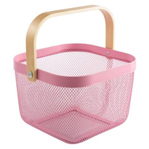 China Pink 24cm Cube Wire Storage Basket With Wooden Handle Kitchen Use on sale