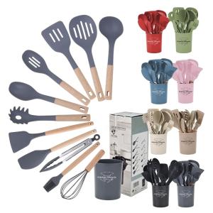 Best Silicone Kitchenware Cocina Set 12 Pieces Cooking Tools with Wooden Handles Utensils wholesale