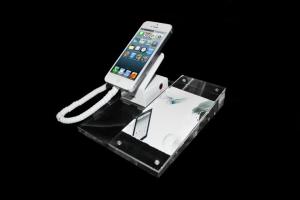 China COMER Acrylic cell phone accessory display mobile phone display stand with alarm and charging on sale