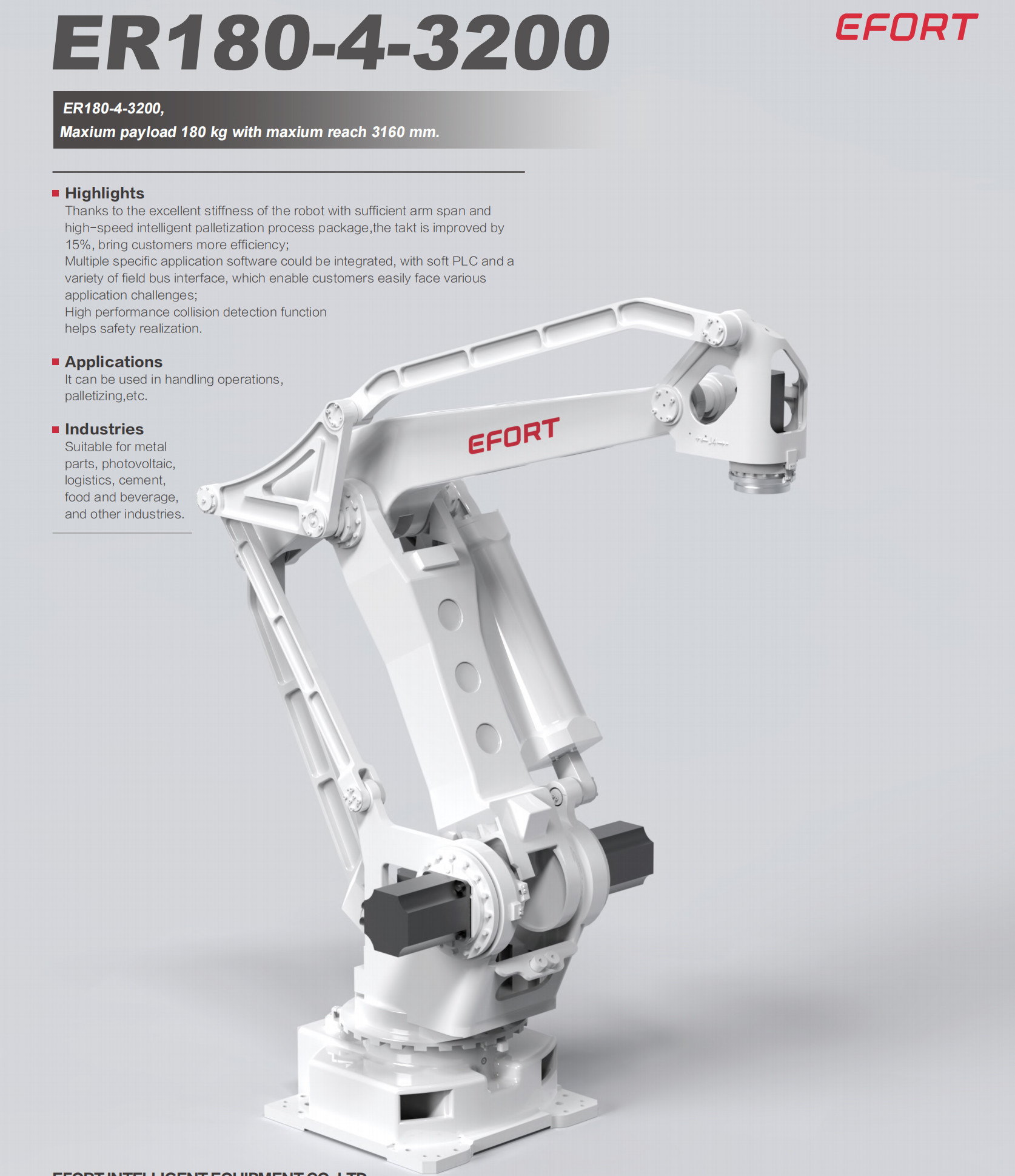 General industrial robots with intelligent palletization process package for food and beverage industy ER180-4-3200