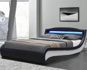 Black / White Double Upholstered Bed Leather Platform Bed With LED Light