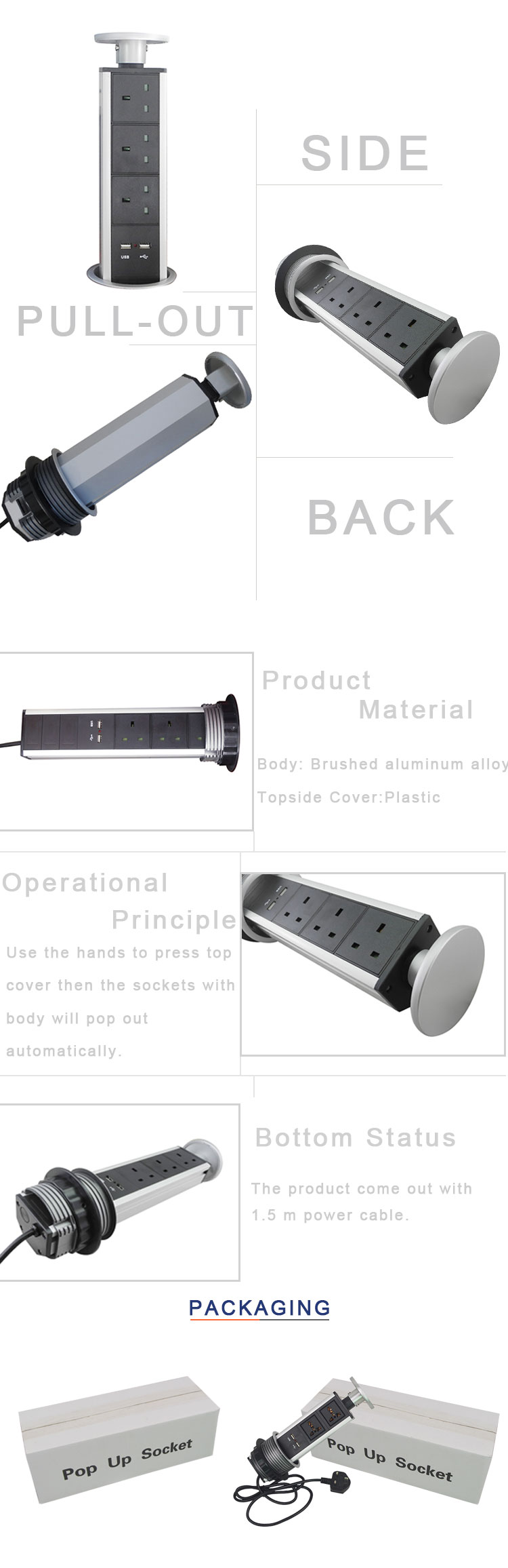 Desktop Pop Up Power Socket / Kitchen Pop Up Outlets / Worktop Vertical Socket