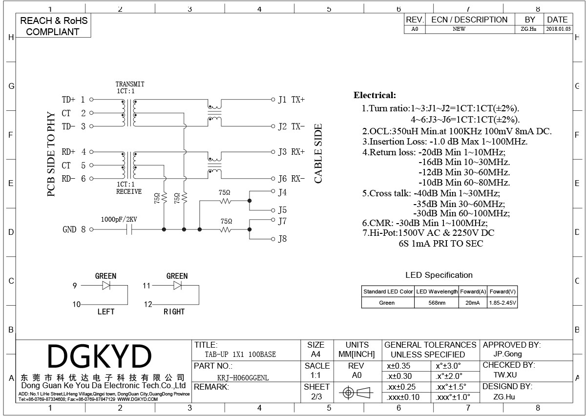 KRJ-H060GGENL Single Port RJ45 Connector 100Mbps Ethernet Transformer With Light Strip Card Network Interface
