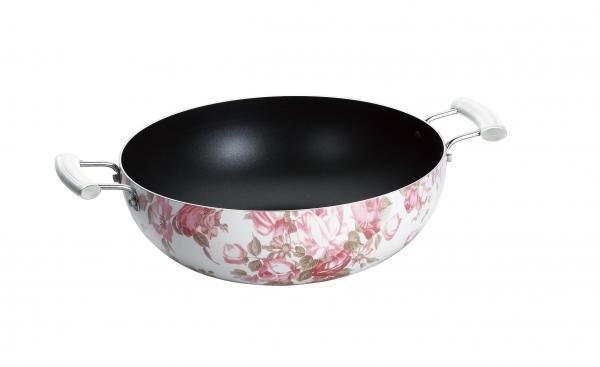 Cheap 28cm Two Ears Nonstick Induction Cooking Wok Pan With Silk Painting for sale