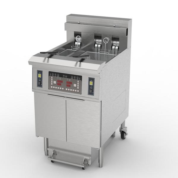 Cheap electric two pots 3 baskets 21.5L+11.6L with oil filter system chips open deep fryer for sale