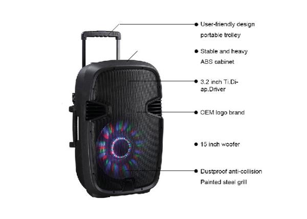 Cheap 15 Inch Woofer Rechargeable Trolley Speaker , Audio Player Speaker 19.0kg Weight for sale