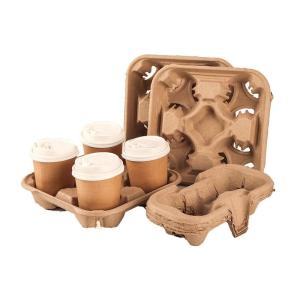 China 4 Cup Disposable Coffee Tray Biodegradable and Compostable Cup Holder Durable Drink Carrier for Hot or Cold Drinks on sale