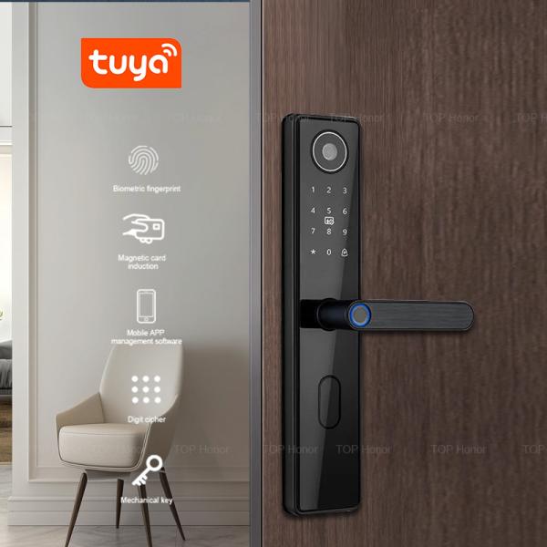 Cheap Smart Digital Door Handle Lock Fingerprint Handle Lock Peephole Camera Tuya App for sale