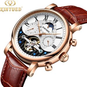 Best KINYUED Factory Customized Clock Movement Moon Phase Leather Strap Watch Mens Automatic Watch wholesale