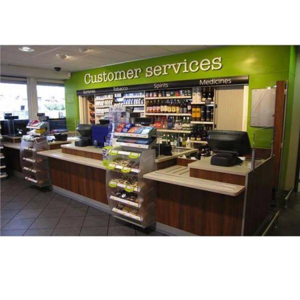 Cheap Factory customization check out counter with shelves for sale