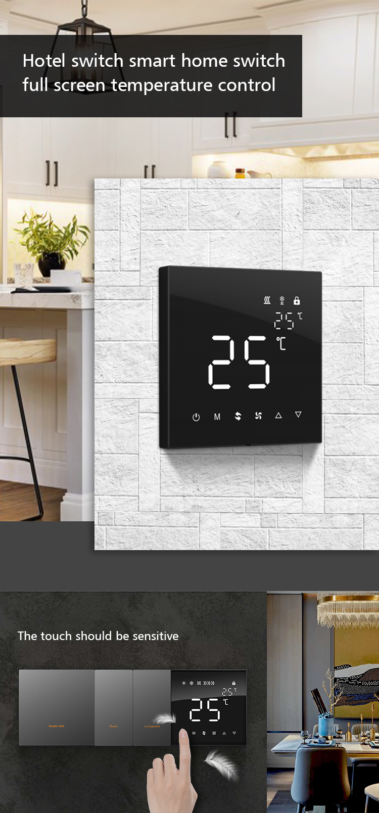 12V Home Smart Thermostat Black Color Modbus RS485 Protocol
