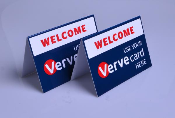 Cheap Custom printed plastic PVC Verve Card payment way accepted display table tents for sale