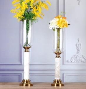 China Tall gold flower vases pot with marble stand table artificial flower for home wedding centrepiece decoration on sale