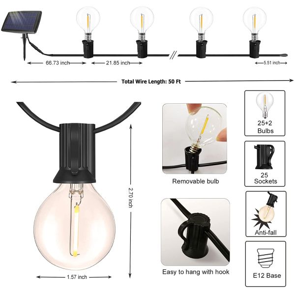 50Ft Motion Sensor Yard Light Solar Patio String Lights Shatterproof