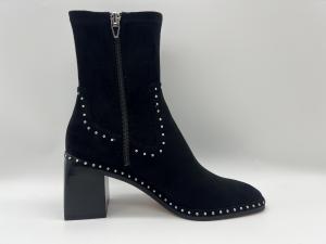 China soft suede leather and stretch lycra fabric black Womens Dress ankle Boots with metal zipper design，square abs heel on sale