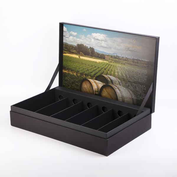Cheap Tailered Rigid Black Paper With Texture 6 Bottle Wine Packaging Box With Cardboard Insert for sale