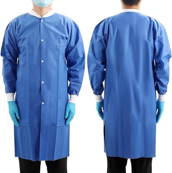 Cheap Protective Polypropylene SMS Disposable Lab Coat Blue with Pockets for sale