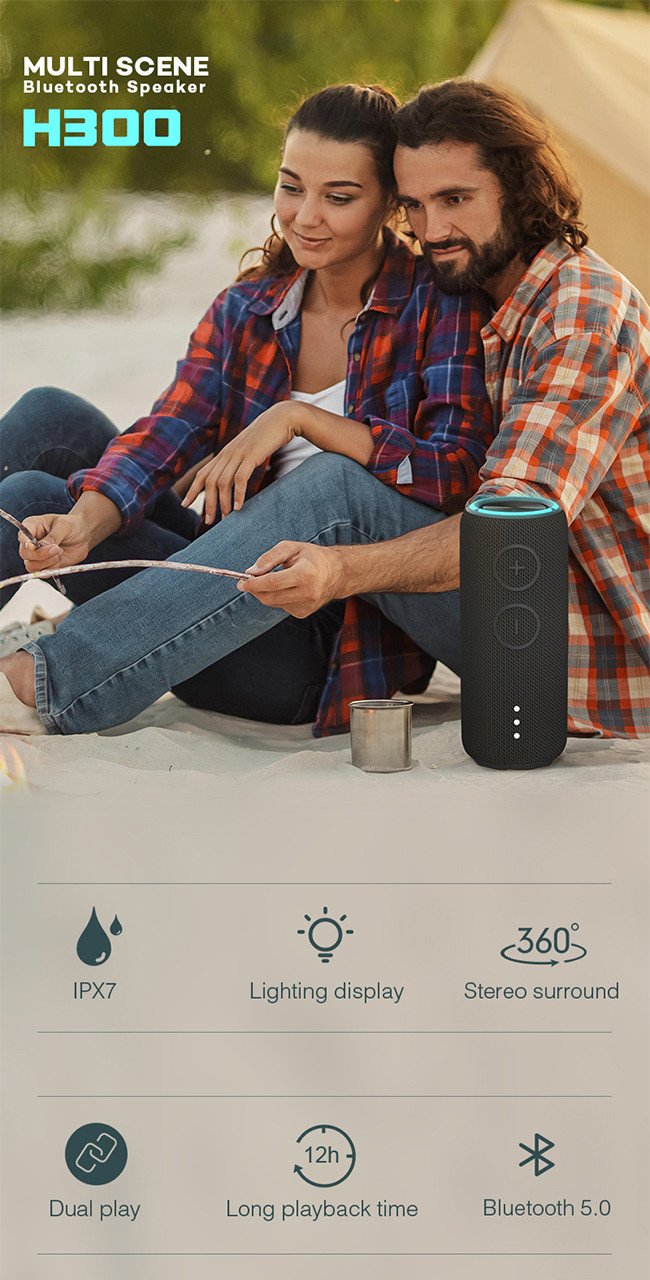 H300 Led Light Bluetooth Speaker Tws Pairing Stereo Waterproof Ipx7 With Eq Modes