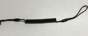 Retracted black short length coiled tool lanyard custom with webbing cord loop on two ends