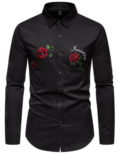 Cheap Apparel Custom Factory China Men'S Polyester Blend Casual Long Sleeve Rose Embroidery Square Neck Shirt for sale