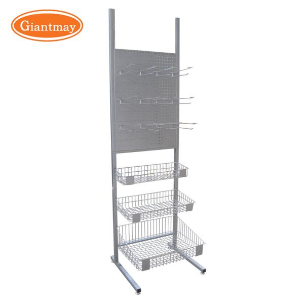 Cheap Exhibition Display Stand with Baskets and Hooks Metal Racks for sale