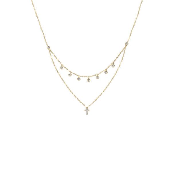 Cheap Two Layer Bezel Set Diamond Cross Pendant Rhodium Gold Plated Chain Necklace for sale