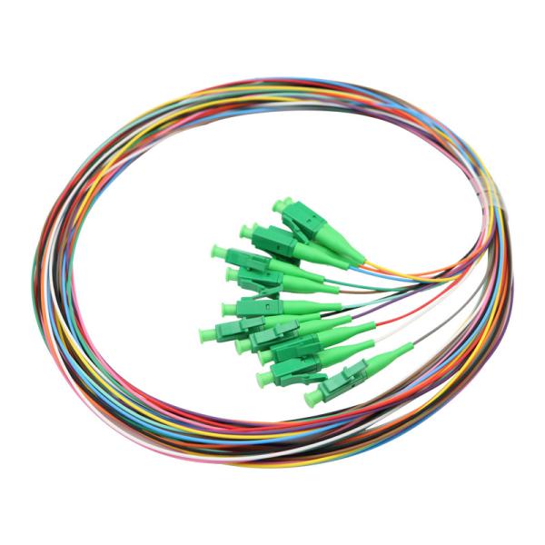 Cheap LC/APC-NC, with Green Boots, LSZH, 0.9mm, 12 Fiber, G.657A2, 1 meter Color-coded 900μm Pigtail Packs for sale