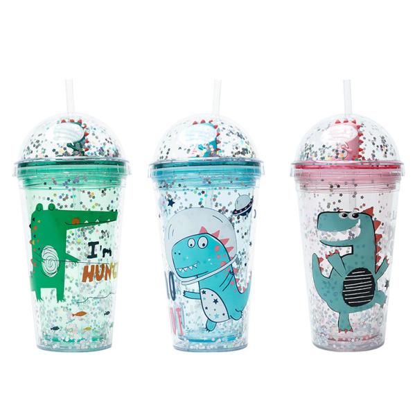 Cheap ABS Double Layer Drinkware Bottle Dinosaur Doll Star Sequin Drinking Cup With Straw for sale