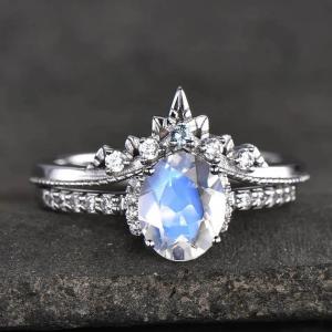 Best White Gold Oval Moonstone Art Deco Unique Engagement Ring Set 925 Sterling Silver wholesale