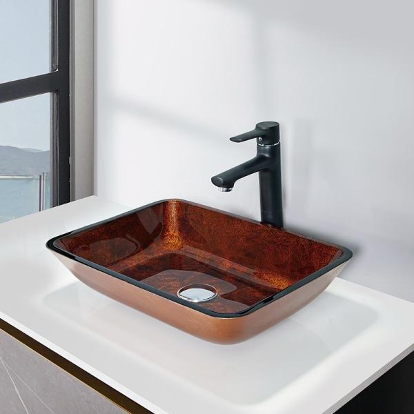 Cheap Russet Brown Tempered Glass Basin Bowl Rectangular Table Top Solid for sale