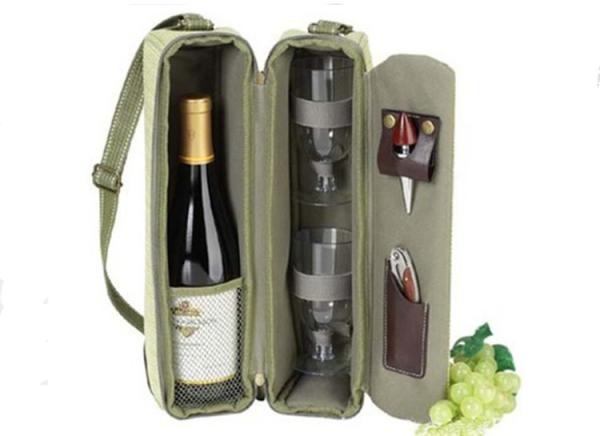 Cheap Customized single wine picnic bag wine bottle and two glass bag with strap for sale