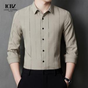 China 5000 2023 Spring End Men's Business Casual Middle-Aged Slim Iron-Free Striped Ice Silk Shirt on sale